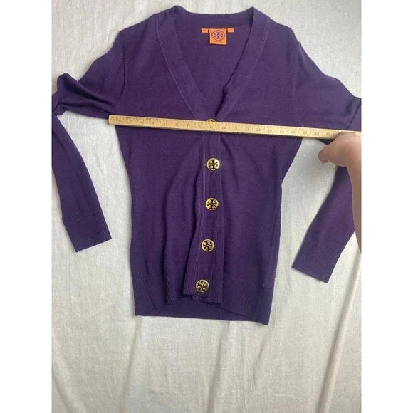 Tory Burch Cardigan Sweater Womens Purple Small Purple Knit Gold Buttons V-Neck - Picture 3 of 4